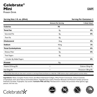 Διατροφική ετικέτα για το Celebrate Mini Protein Drink με γεύση Grape σε λευκό φόντο